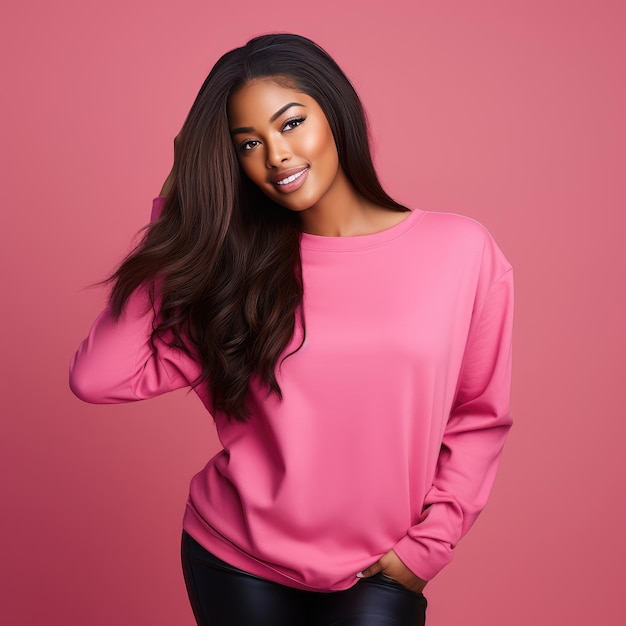 Gorgeous Black Model in Hot Pink Crewneck Celebrating Beauty with Style and Elegance