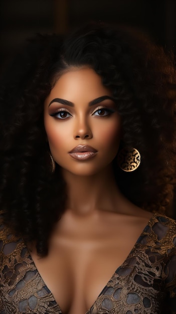 Photo gorgeous black woman wearing glamorous cosmetics against a dark backdrop generative ai