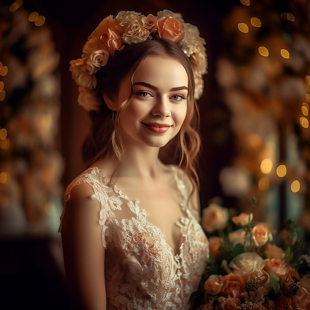 Gorgeous bride in an elegant dress posing to the camera