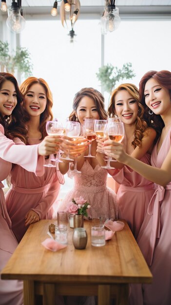 Photo an gorgeous bride and her bridesmaids can be seen in the front standing in a circle clinking pink wine glasses and raising a toast during the reception on the wedding day