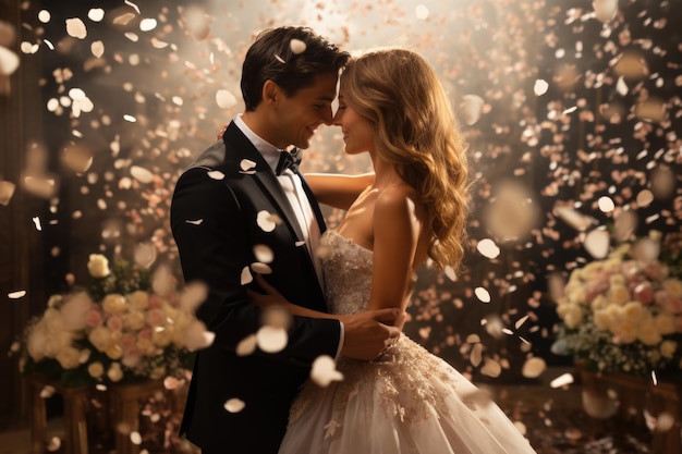 Gorgeous bride and stylish groom dancing under golden confetti at wedding reception Happy wedding couple performing first dance in restaurant Romantic moments