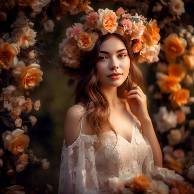 Gorgeous bride with beautiful flower crown posing to the camera in front of floral decorations