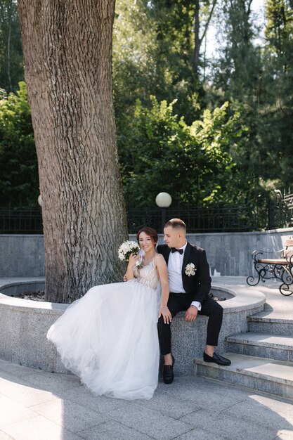 Gorgeous bride with stylish groom sitting by big tree in the park. happy wedding couple