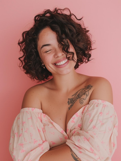 Gorgeous brunette in casual attire on pink backdrop embracing oneself with a joyful selfassured smile Embracing selflove and selfcare