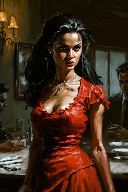 Gorgeous brunette woman in red dress at restaurant in evening Oil painting