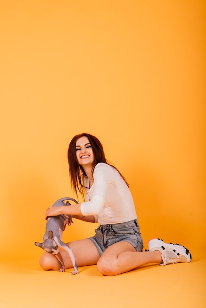 Gorgeous brunette woman smiling, holding Sphynx kitten, posing on grey and yellow studio background.