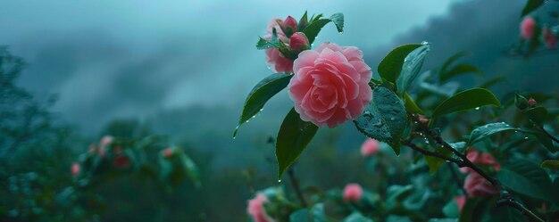 Gorgeous camellias hanging in the mountains early in the morning after a significant rain