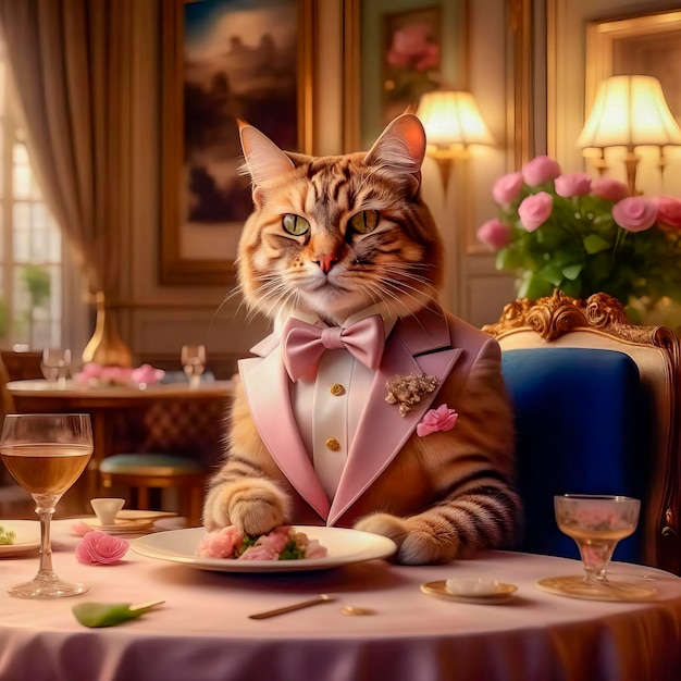 Прекрасная кошка в красивом интерьере с бокалом вина Романтика и поздравления