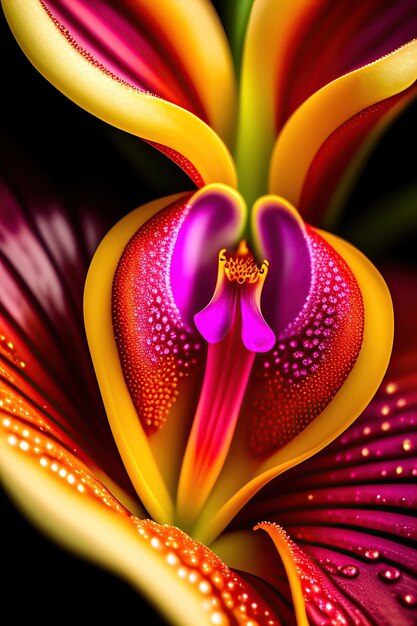 Gorgeous chocolate colored cattleya orchid flower with morning dew drops close up digital art