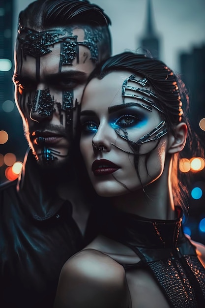 A gorgeous closeup portrait of a couple in a magical futuristic photoshoot with surreal cybernetic alien fashion in a dystopian setting AIGenerated