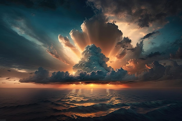 豪華な雲景と海から昇る朝日