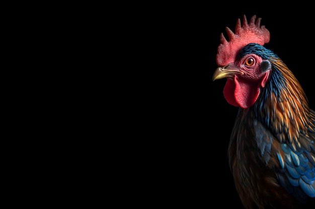 gorgeous colorful rooster close portrait on black background Neural network generated in May 2023 Not based on any actual person scene or pattern