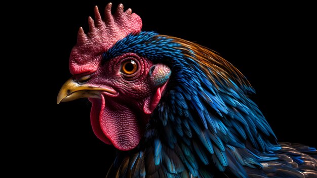 gorgeous colorful rooster close portrait on black background Neural network generated in May 2023 Not based on any actual person scene or pattern