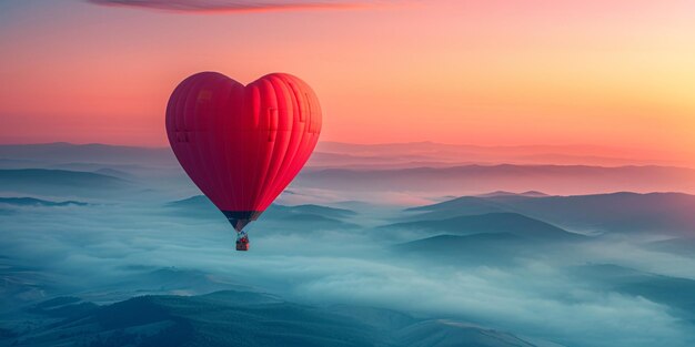 写真 gorgeous crimson hot air balloon heart in pastel blue and pink sky on a sunny morning with misty mountains in the distance ideal for a valentines day adventure or a sporty getaway