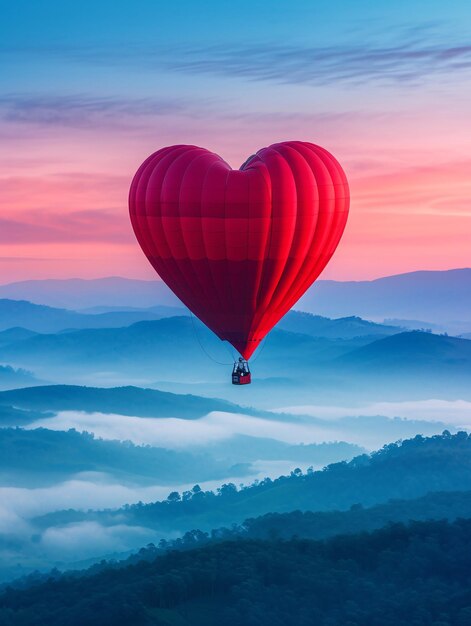 Photo gorgeous crimson hot air balloon heart in pastel blue and pink sky during a sunny morning