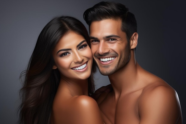 Gorgeous cute latin couple with beautiful smile white teeth advertisement for perfect smile produc