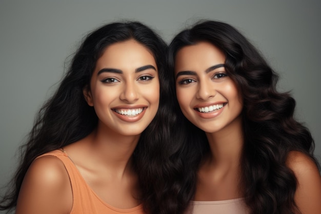 Gorgeous cute two women with beautiful smile white teeth advertisement for perfect smile pr