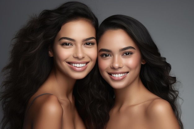 Gorgeous cute two women with beautiful smile white teeth advertisement for perfect smile pr