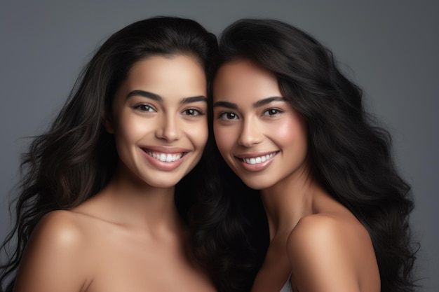 Gorgeous cute two women with beautiful smile white teeth advertisement for perfect smile products