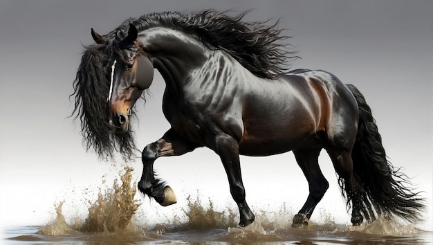 Прекрасная темная лошадь на светлом фоне