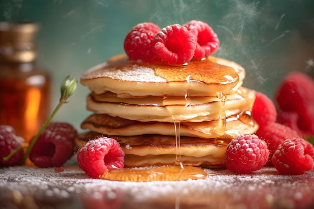 gorgeous delicious pancakes with honey and raspberries under daylight in nordic style Neural network generated in May 2023 Not based on any actual scene or pattern