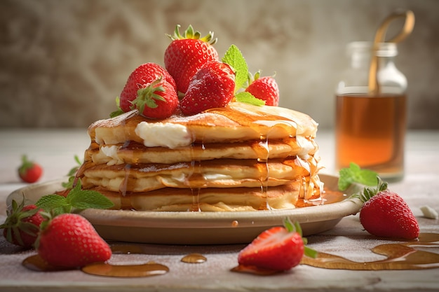 Gorgeous delicious pancakes with honey and strawberries under daylight in nordic style neural