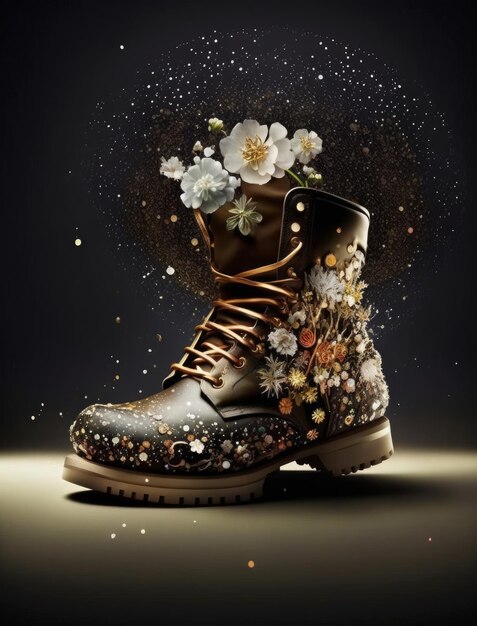 Великолепная драматическая динамичная фотография обуви с искусственным интеллектом, генерирующим цветы