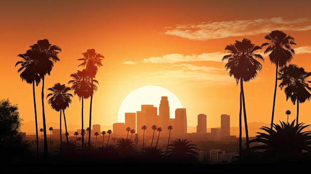 Foto splendido tramonto sullo skyline del centro di los angeles e sulle palme