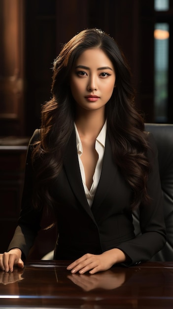 Gorgeous elegant Asian women in a director desk wear a black suit with confident