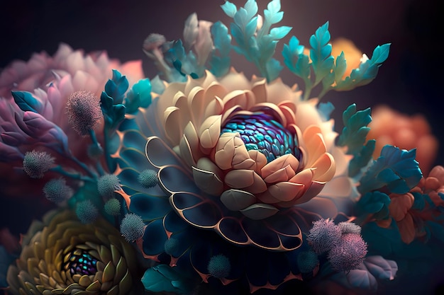 ゴージャスなファンタジーフラワースタイルのユニークな花Generative AI