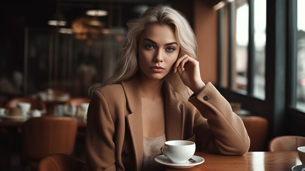 Gorgeous female drinking coffee in the cafe bar Generative AI