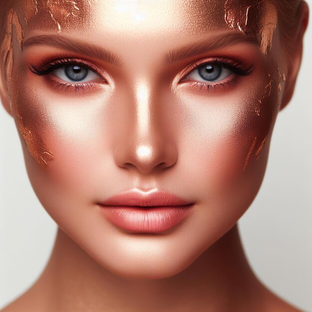 Photo gorgeous female model adorned in artistic rose gold makeup