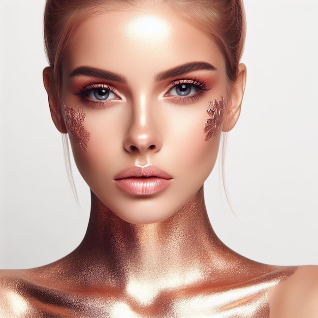 Photo gorgeous female model adorned in artistic rose gold makeup