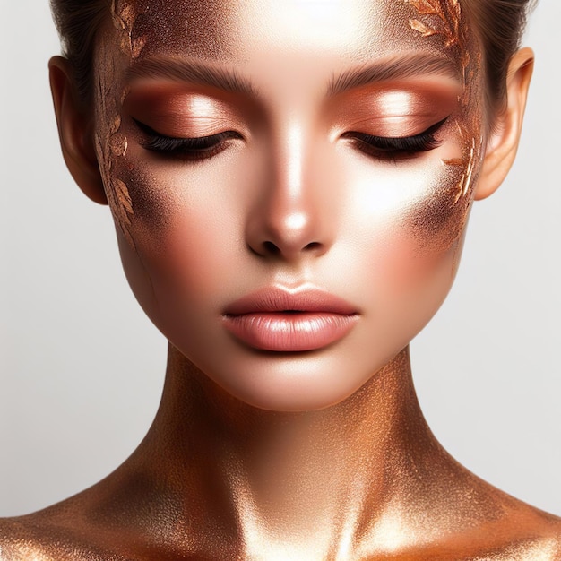 Photo gorgeous female model adorned in artistic rose gold makeup