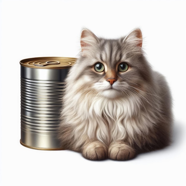 Gorgeous fluffy handsome cat sitting next to an unlabelled tin can white background