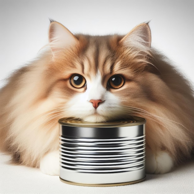 Photo gorgeous fluffy handsome cat sitting next to an unlabelled tin can white background