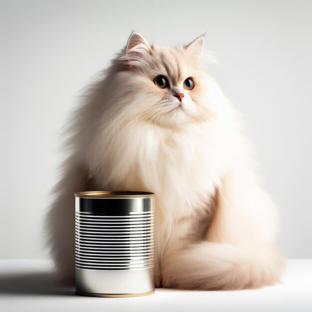 Gorgeous fluffy handsome cat sitting next to an unlabelled tin can white background