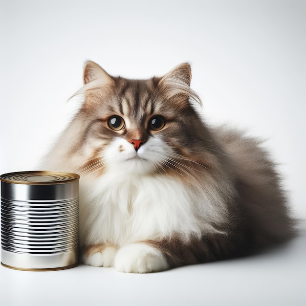 Foto un gatto bellissimo e soffice seduto accanto a una lattina senza etichetta sullo sfondo bianco