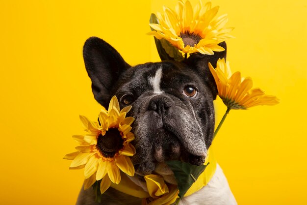 Gorgeous french bulldog with sunflowers on face on yellow background