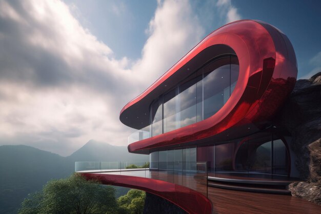 Gorgeous futuristic cantilever circular arc shaped house in the mountains in clouds red steel fluid geometry generative ai illustration