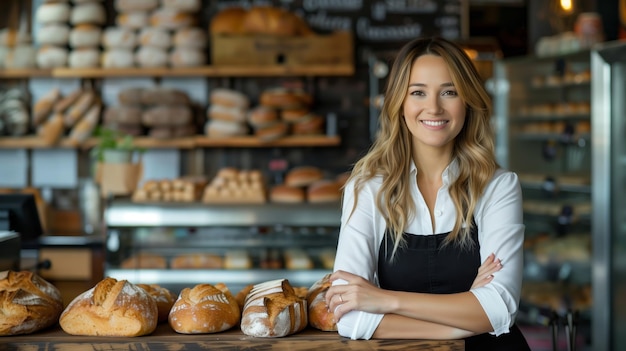 Gorgeous German female bakery owner businesswoman posing in front of her modern bakery shop leaning on the counter of her workplace with many loaves of bread behind it