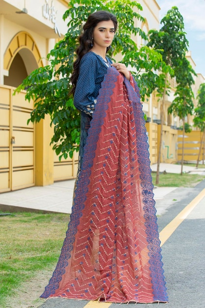 Gorgeous Girl Back Pose Wearing Desi Blue Dress Flower Embroidery on it on a Street