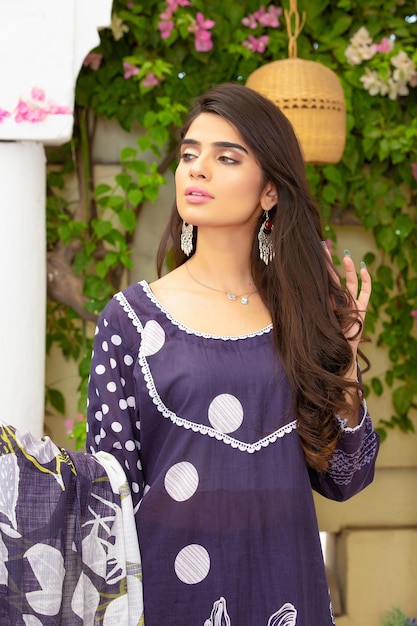 Gorgeous Girl Portrait Wearing Traditional Dress for Outdoor Fashion Photoshoot