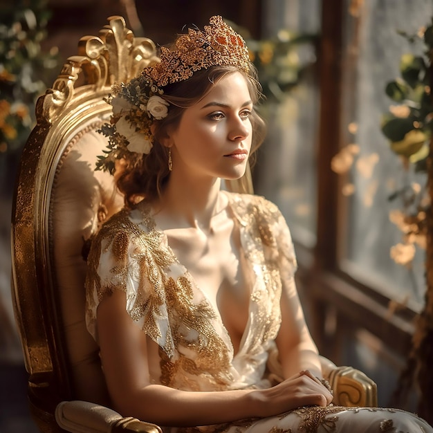 A gorgeous girl posing to the camera wearing a crown sitting on a luxury chair in a floraldecorated