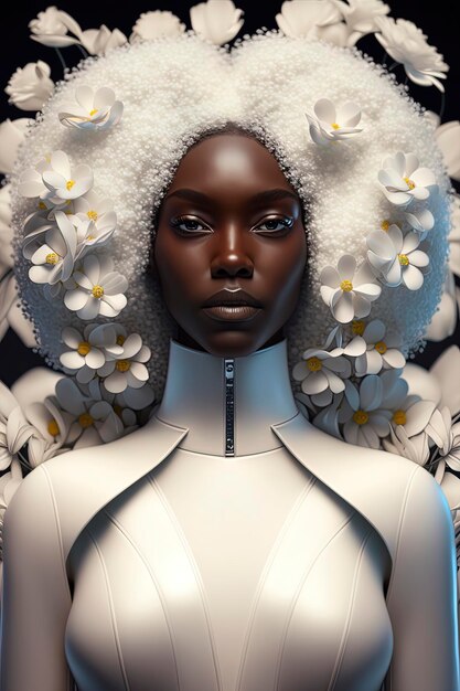 Gorgeous glowing black young woman in a white sleek outfit surrounded by thick big white flowers AIGenerated