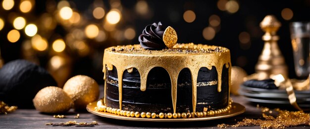 gorgeous golden birthday cake Selective focus