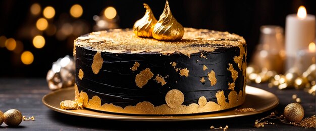 Photo gorgeous golden birthday cake selective focus