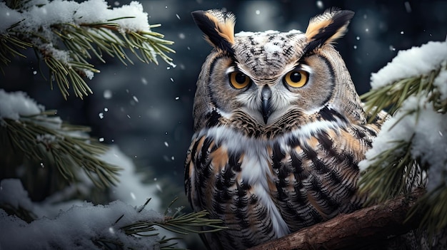 A gorgeous great horned owl in a snow filled forest