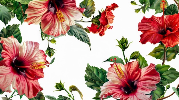 Gorgeous hibiscus flowers and green leaves isolated on white background art deco style banner concep