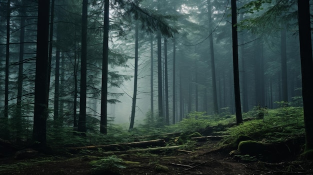 Прекрасный образ леса в утреннем тумане с солнечным светом, проходящим через деревья